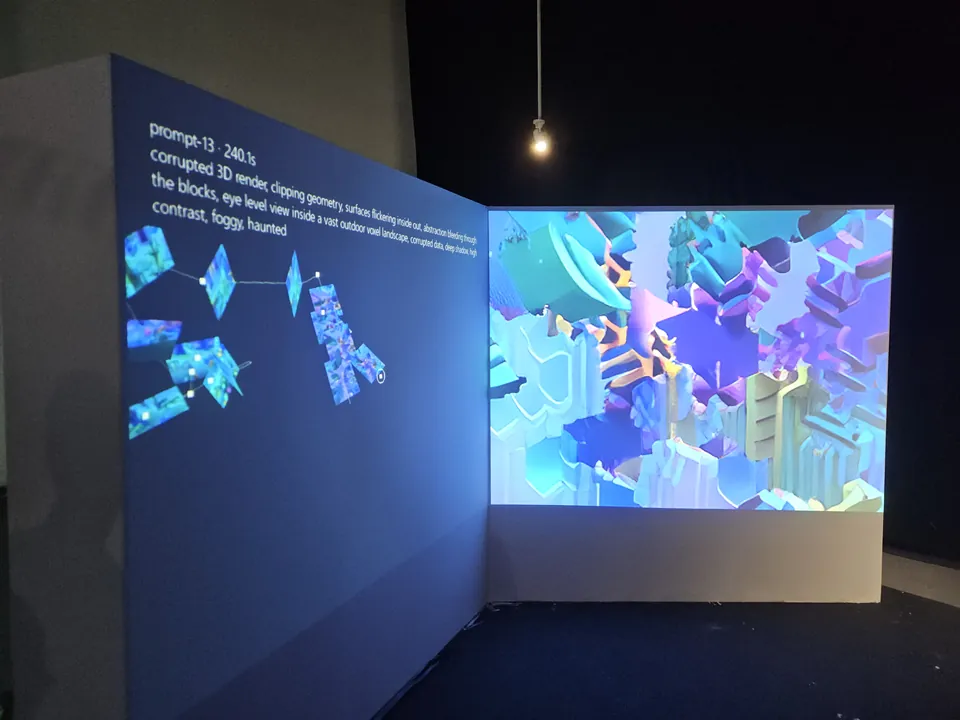 Two projections in the installation: a journey map on the left and a colorful generated landscape on the right.