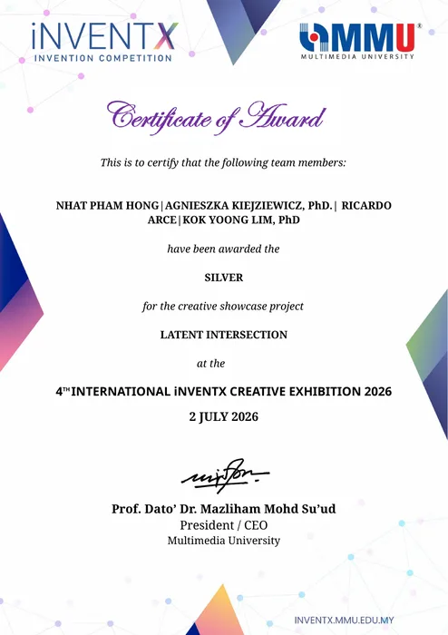 Certificate of Award recognising Latent Intersection with the Silver at the 4th International iNVENTX Creative Exhibition 2026.