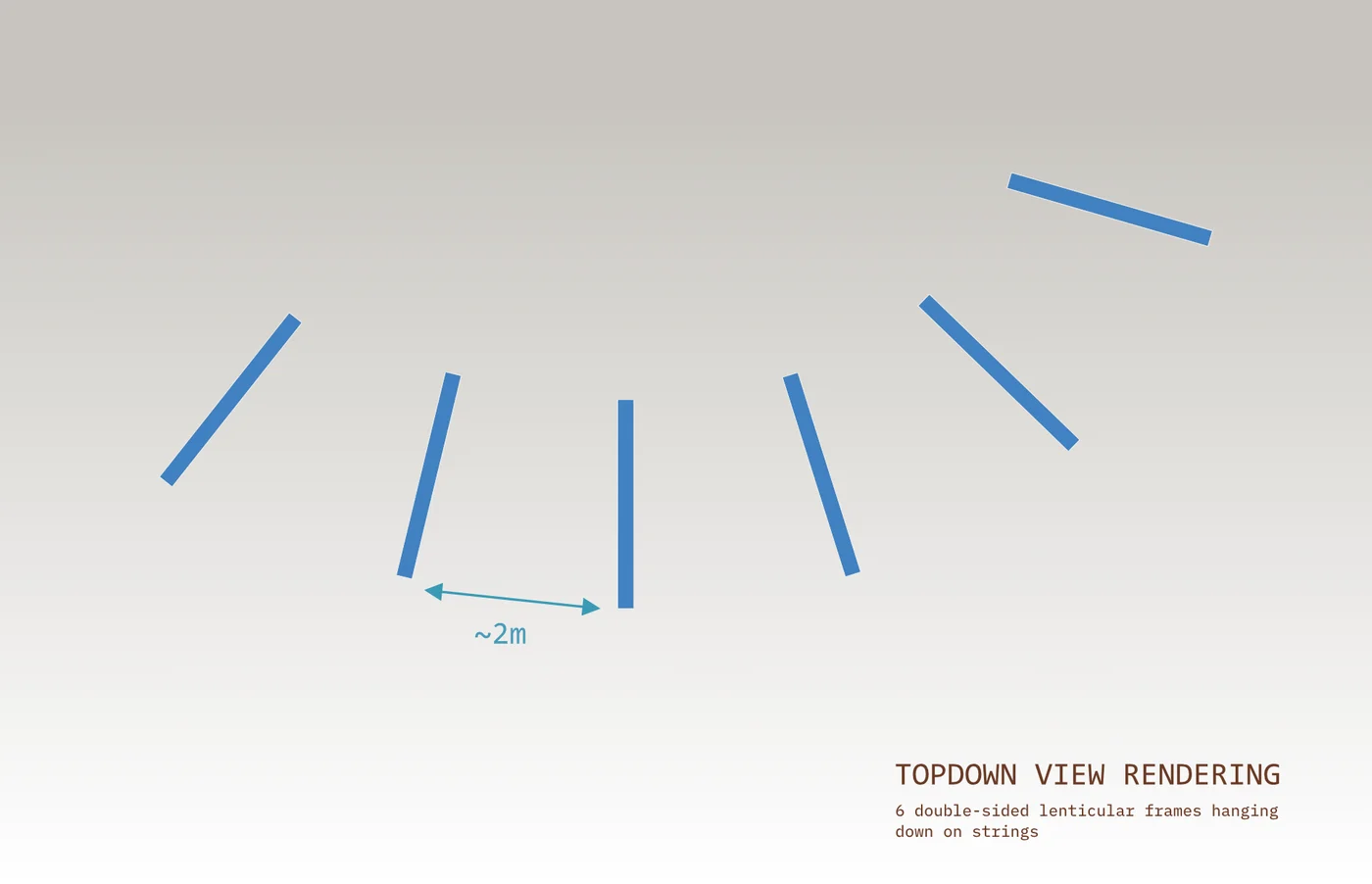 Installation mockup showing suspended double-sided frames arranged along a curving path.